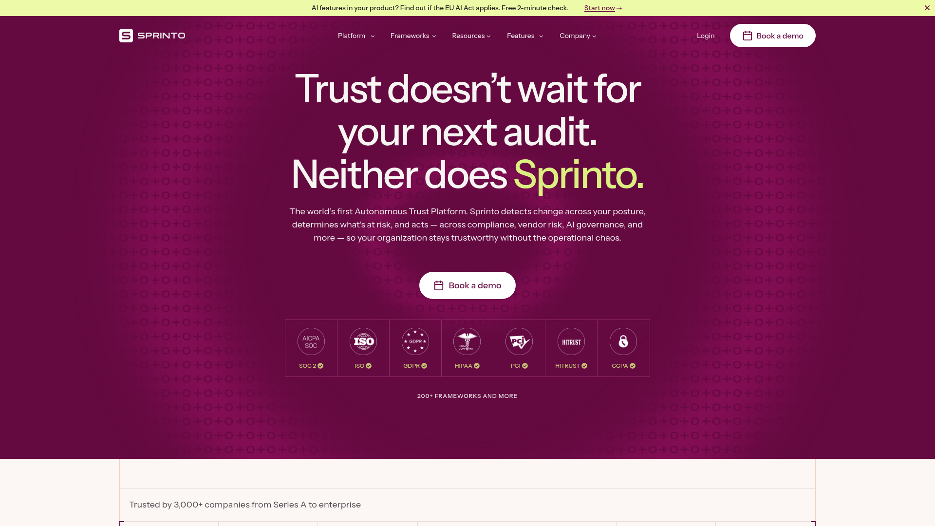 Sprinto homepage focused on growing companies and compliance automation