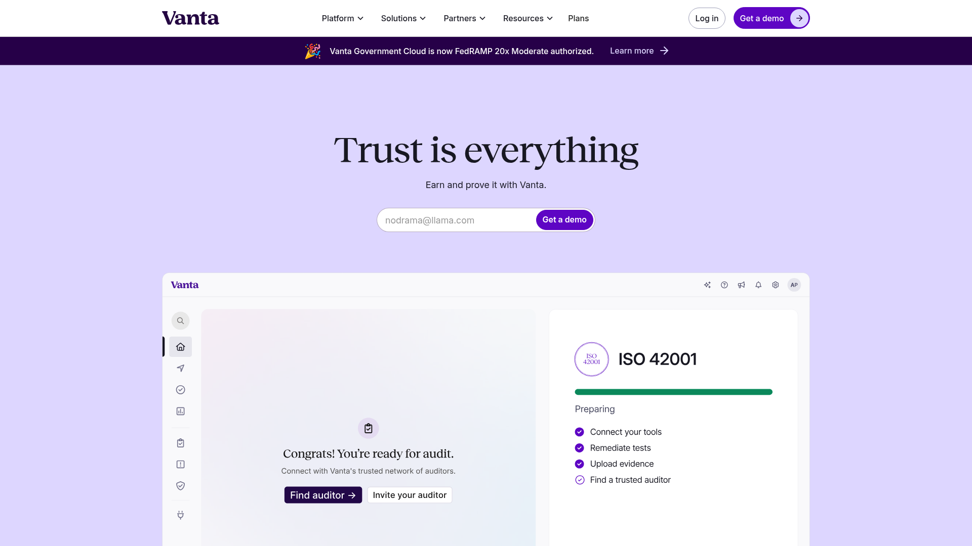 Vanta homepage with ISO 42001 framework support